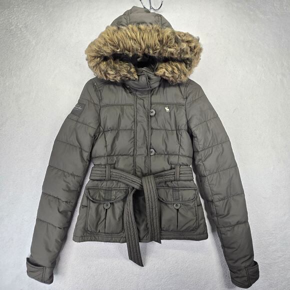 abercrombie Down Jacket Youth L Faux Fur Hood Hunter Green Winter Coat Tie Front